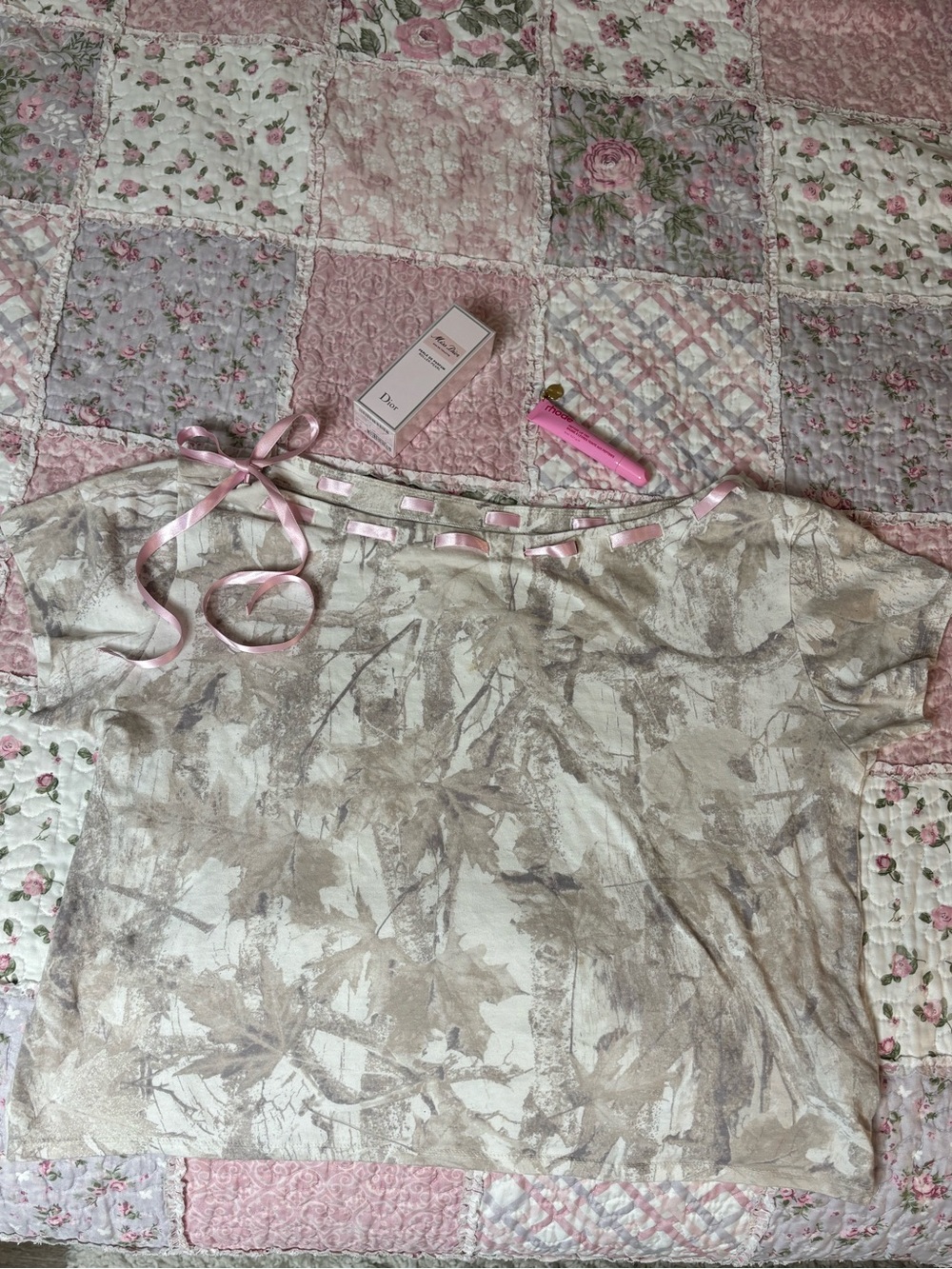Hollister Beige Printed Top with Pink Ribbon Detail